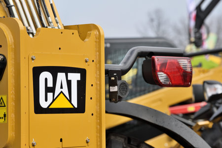 Kaunas, Lithuania - March 23: Caterpillar heavy duty equipment vehicle and logo on March 23, 2018 in Kaunas, Lithuania. Caterpillar is a leading manufacturer of construction equipment.のeditorial素材