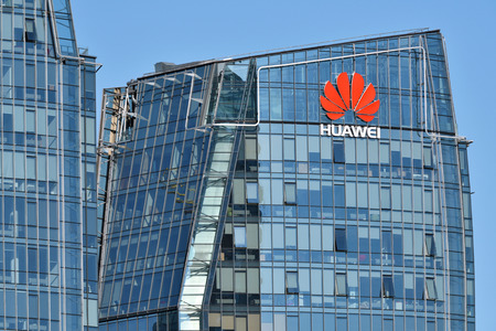Vilnius, March 27: Huawei logo on a building on March 27 2018 in Vilnius, Lithuania. Huawei is a Chinese multinational networking and telecommunications equipment and services company.のeditorial素材