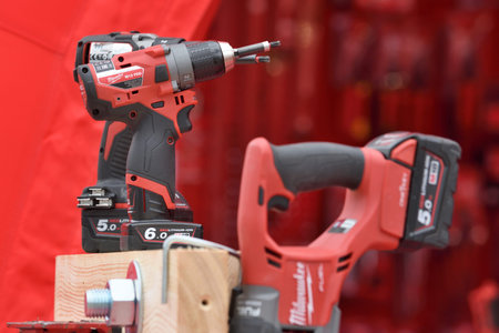 Vilnius, Lithuania - April 25: Milwaukee power tools on April 25, 2018 in Vilnius Lithuania. The Milwaukee Electric Tool Corporation produces power tools and hand toolsのeditorial素材