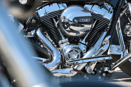 Vilnius, Lithuania - May 5: Harley-Davidson motorcycle on annual gathering of bikers on May 5, 2018 in Vilnius Lithuania. This is traditional motorbikers event during spring in Vilnius.のeditorial素材