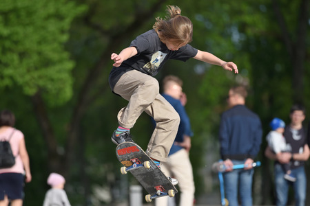Vilnius, Lithuania - May 4: skateboarder jumping in Vilnius public park on May 4, 2018 in Vilnius Lithuania. Vilnius is the capital of Lithuania and its largest city.のeditorial素材
