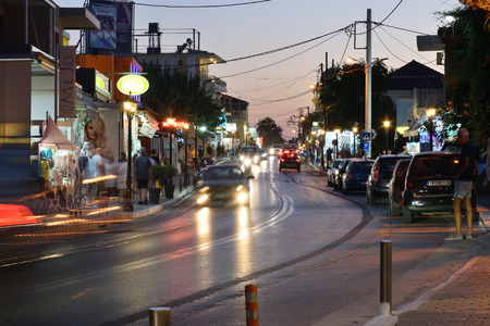 Platanias, Crete - August 24: Street after sunset in Platanias, Crete on August 24, 2018. Platanias is a village and municipality on the Greek island of Creteのeditorial素材