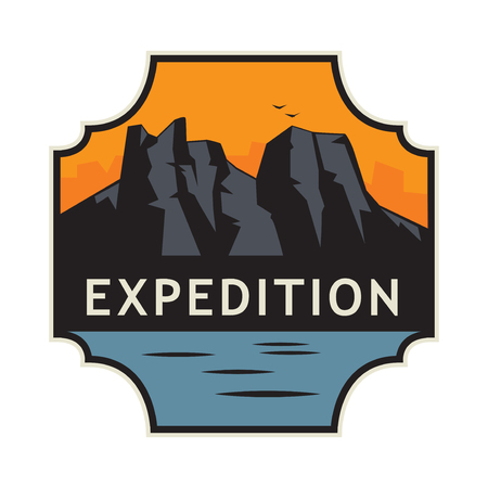 Outdoor expedition label with mountains and water. Climbing, Trekking, Hiking, Mountaineering emblem. Vector illustrationのイラスト素材
