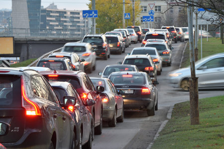 Vilnius, Lithuania, October 31: Traffic jam, cars on highway road on October 31, 2018 in Vilnius,...