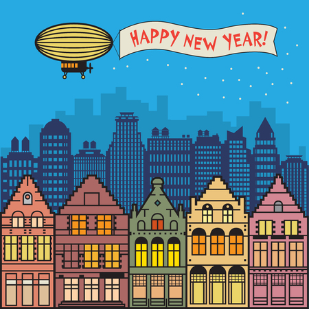 Happy New Year card.  Cute houses in winter season, vector illustrationのイラスト素材