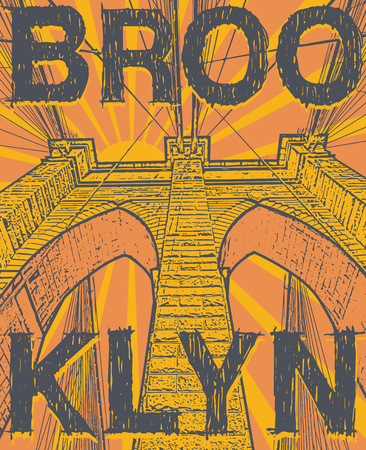 Brooklyn bridge, New York city, silhouette illustration in flat design, t-shirt print design or poster, vector illustrationのイラスト素材