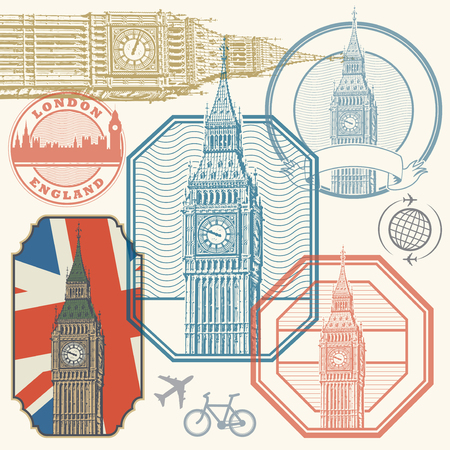 Abstract stamps set with Palace of Westminster and Elizabeth Tower - famous London Landmark, vector illustrationのイラスト素材