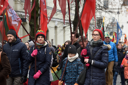 Vilnius, Lithuania - February 16: unidentified people gathered with flags in a natonal celebration for the Day of Independence of Lithuania on February 16th, 2019 in Vilnius, Lithuaniaのeditorial素材