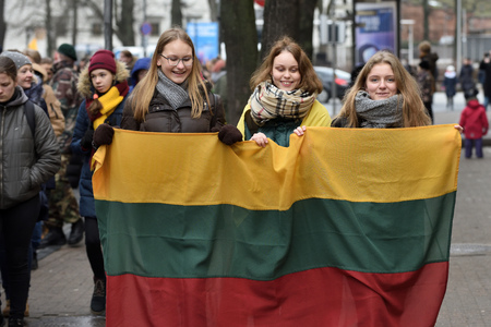 Vilnius, Lithuania - February 16: unidentified people gathered with flags in a natonal celebration for the Day of Independence of Lithuania on February 16th, 2019 in Vilnius, Lithuaniaのeditorial素材