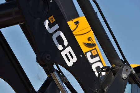Kaunas, Lithuania - April 04: JCB heavy duty equipment vehicle and logo in Kaunas on April 04, 2019....