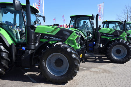 Kaunas, Lithuania - April 04: Deutz-Fahr tractors and logo in Kaunas on April 04, 2019. Deutz-Fahr...
