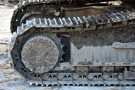 Tracked excavator. Close-up of Crawler tracks