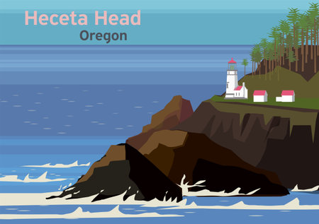 Heceta Head Light, lighthouse on the Oregon Coast in the United States, vector illustrationのイラスト素材