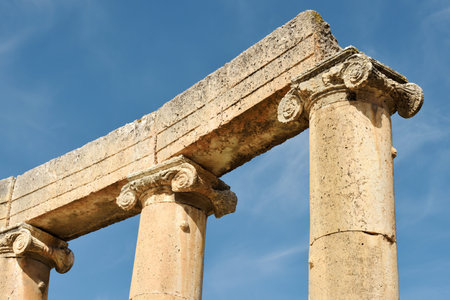 Columns of ruined Greco-Roman city of Gerasa in Jerash, Jordan