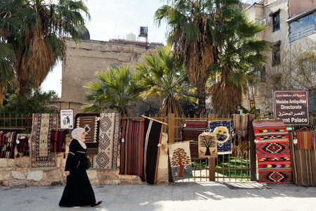 Madaba, Jordan - February 16, 2020. Unidentified people in street of Madaba, Jordan on February 16,...