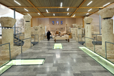 Madaba, Jordan - February 16, 2020. Interior of Basilica of the Memorial of Moses in Mount Nebo,...