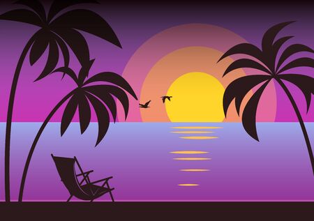 Palm trees silhouettes background. Tropical nature in sunset. Nature background. Vintage red sunset background. Travel lifestyle background, vector illustrationのイラスト素材