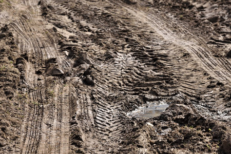 Dirt road with puddles and clay mud with cracks and ruts. Off-road