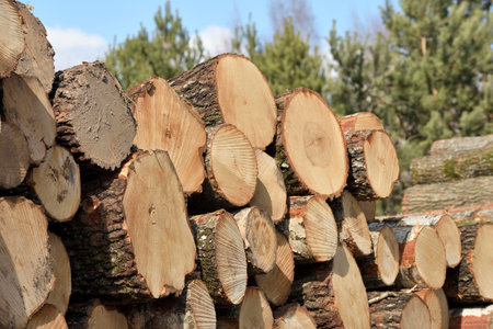 Wooden logs. Timber logging in forest. Freshly cut pine tree logs