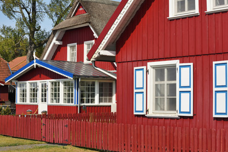 Traditional fishermans house in Pervalka, Lithuania. Pervalka is a resort town in Lithuania. Located on the Curonian Spit between the Curonian Lagoon and the Baltic Sea. Unesco Heritage.のeditorial素材