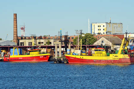 Liepaja, June 03: Fishing boats at Port of Liepaja on June 03, 2020 at Liepaja, Latvia.のeditorial素材