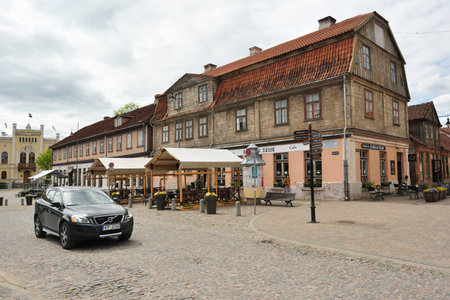 Kuldiga, June 03: old town street on June 03, 2020 at Kuldiga, Latvia. Kuldiga is an ancient town in Latvijas western region of Kurzeme with distinctive architectureのeditorial素材