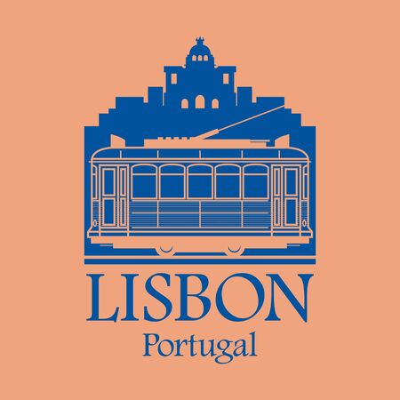 City skyline, Tram and the words Lisbon, Portugal, written inside, vector illustrationのイラスト素材