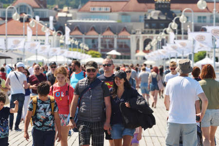 Sopot, July 14: People walking on the longest wooden pier in Europe on July 14, 2020 at Sopot, Poland. Sopot is a seaside resort city in Eastern Pomeraniaのeditorial素材