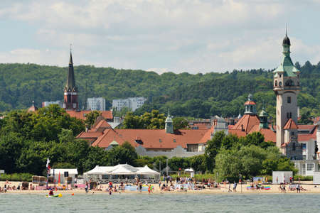 Sopot, July 14: People at public beach on July 14, 2020 at Sopot, Poland. Sopot is a seaside resort city in Eastern Pomeraniaのeditorial素材