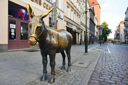 Torun, July 13: Bronze monument of the donkey on July 13, 2020 at Torun, Poland. Torun is a historical city on the Vistula River in north-central Polandのeditorial素材