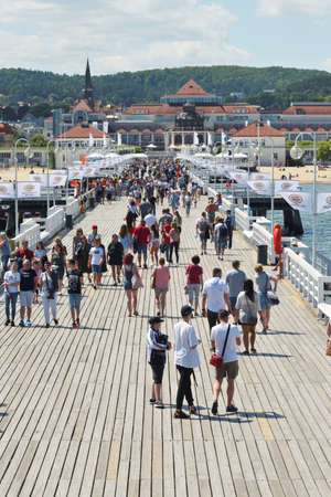 Sopot, July 14: People walking on the longest wooden pier in Europe on July 14, 2020 at Sopot, Poland. Sopot is a seaside resort city in Eastern Pomeraniaのeditorial素材