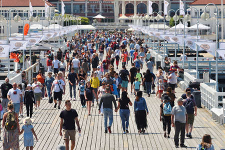 Sopot, July 14: People walking on the longest wooden pier in Europe on July 14, 2020 at Sopot, Poland. Sopot is a seaside resort city in Eastern Pomeraniaのeditorial素材