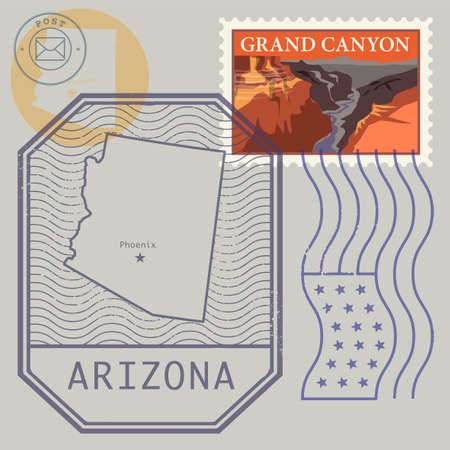 Stamps set with the name and map of Arizona, United States, vector illustrationのイラスト素材