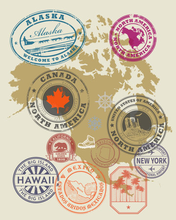 Travel stamps or symbols set - North America theme, vector illustrationのイラスト素材