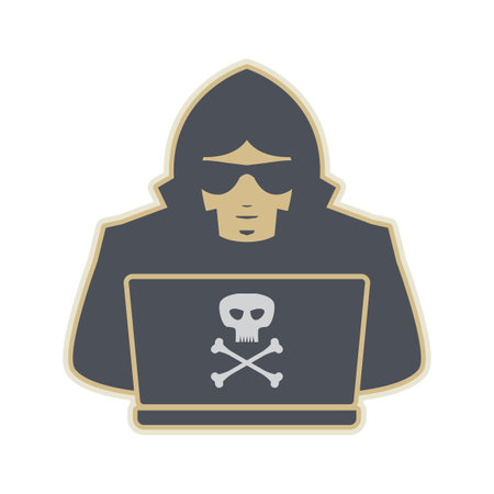 Hacker searching on laptop. Spy icon or sign symbol, abstract vector illustrationのイラスト素材