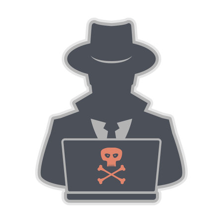 Spy agent searching on laptop. Spy icon or sign symbol, abstract vector illustrationのイラスト素材