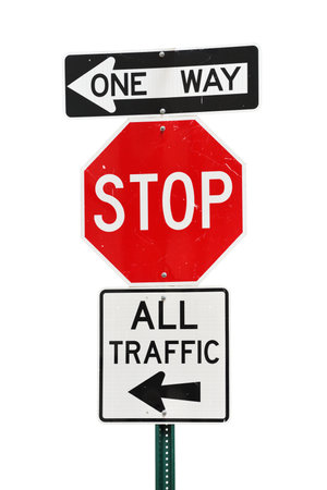 Old road signs with text - Stop, One Way, All traffic, isolated on white backgroundの写真素材
