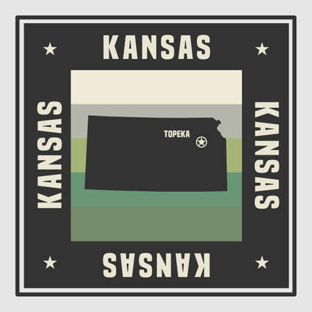 Abstract square stamp or sign with silhouette and name of US state Kansas, vector illustrationのイラスト素材