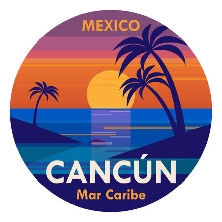 Stamp or label with the tropical beach and words Cancun, Mexico written inside, vector illustrationのイラスト素材