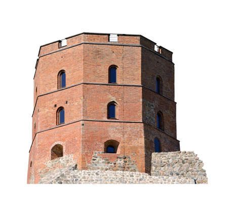 Medieval castle tower. Stronghold with massive guard tower. White backgroundの写真素材