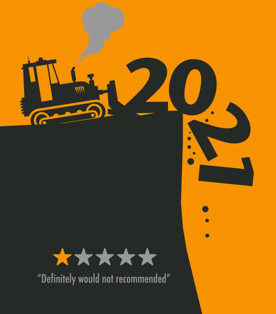 Tractor bulldozer at work on the construction site, Happy New Year 2021 card, vector illustrationのイラスト素材