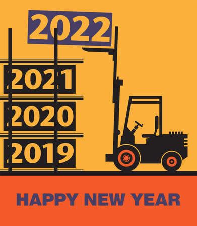 Happy New Year greeting card 2022 - fork lift truck at work, vector illustrationのイラスト素材