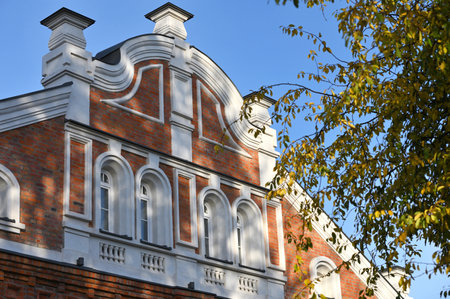 Telsiai, Lithuania - October 21, 2022: Details of typical old town architecture. Telsiai is a city in Lithuaniaのeditorial素材