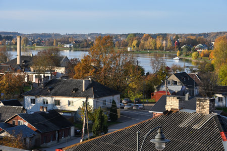 Telsiai, Lithuania - October 21, 2022: Panorama of Telsiai city near Mastis lake. Telsiai is a city in Lithuaniaのeditorial素材