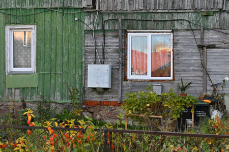 Telsiai, Lithuania - October 21, 2022: Details of typical old wood architecture. Telsiai is a city in Lithuaniaのeditorial素材