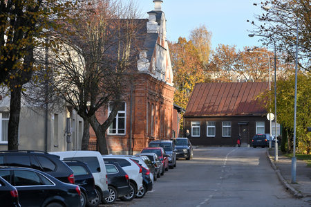 Telsiai, Lithuania - October 21, 2022: Typical old town architecture and street. Telsiai is a city in Lithuaniaのeditorial素材