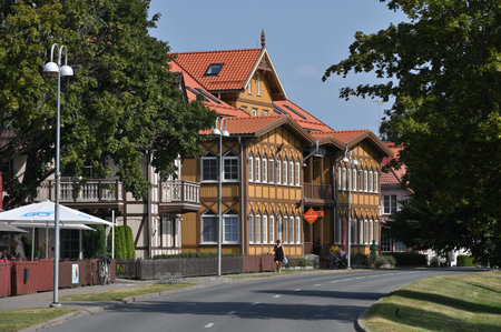 Juodkrante, Lithuania - August 23, 2022: Traditional architecture in Juodkrante, Lithuania. Juodkrante - is a seaside resort village located on the Curonian Spitのeditorial素材