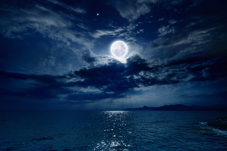 Night Sky With Full Moon And Reflection In Sea Stars Beautiful Clouds Royalty Free Images Photos And Pictures