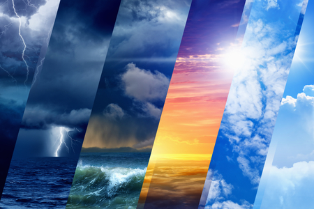 Weather forecast background - variety weather conditions, bright sun and blue sky; dark stormy sky with lightnings Weather forecast background - variety weather conditions, bright sun and blue sky; dark stormy sky with lightnings