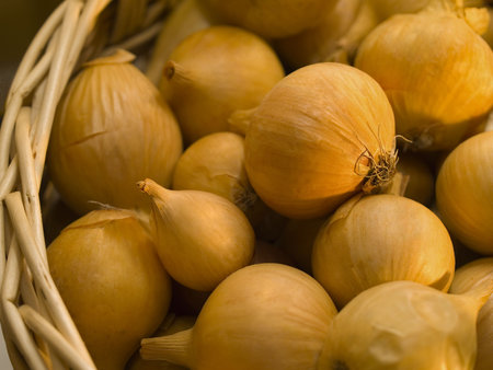 closeup of onion in basket, shallow dofの写真素材